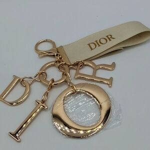 DIOR Gold Tone Logo Letter Charm Keychain Bag Charm Wristlet Strap NIP NIB